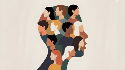 Woman face silhouette in profile with group of multicultural and multiethnic women faces inside.Concept of racial equality anti-racism and a woman who gives voice to other women. Allyship