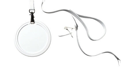 Blank white round badge with silver clip and white lanyard