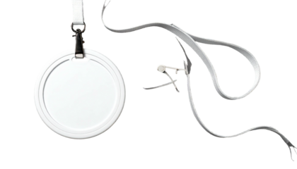 Blank white round badge with silver clip and white lanyard