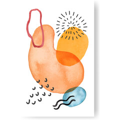 Abstract Watercolor Shapes and Lines Composition With Orange Yellow and Blue Hues On White Background