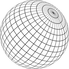 Abstract wireframe globe with grid lines and spherical shape isolated on transparent background in black and white graphic illustration