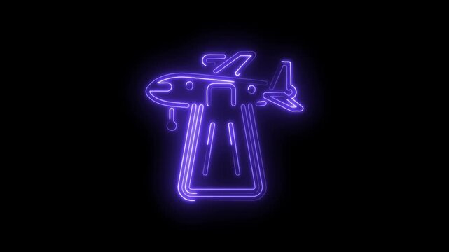 Neon airplane landing on airport runway glowing against black background animation