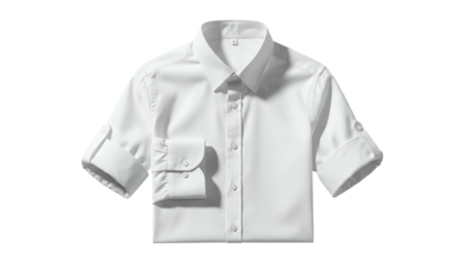Crisp white button-up garment displays rolled up sleeves against a solid dark background
