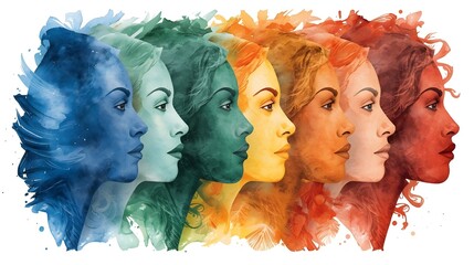 Watercolor brushstroke illustration of group of 3 women standing side by side, showcasing diversity and unity. International Women's Day. Banner for March 8. Women's rights movement