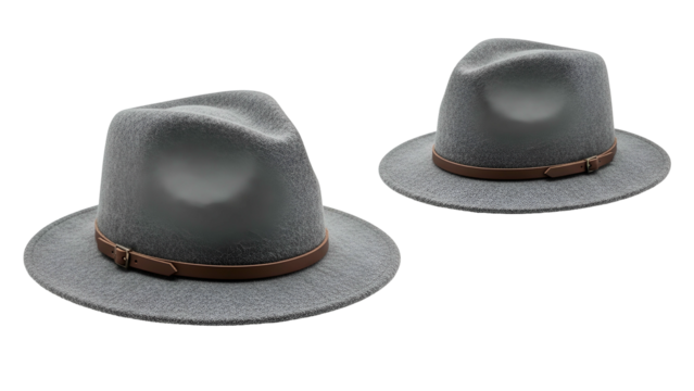 Two felt fedora style hats featuring brown leather bands are displayed against a solid black background