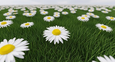 Vibrant daisies bloom in a lush green meadow. Perfect for spring backgrounds, Easter cards, nature-themed designs, fresh floral prints, and peaceful nature scenes.
