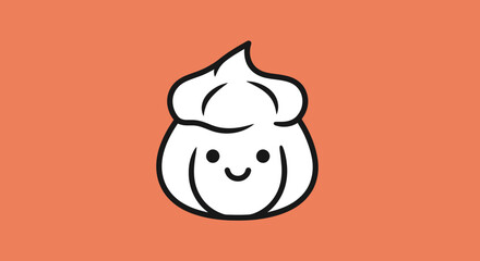 An adorable, white, cartoon dumpling with a smiling face and orange background
