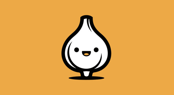 A happy white cartoon garlic bulb with black outline and features on an orange background