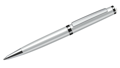 Silver ballpoint pen lies diagonally on a black background