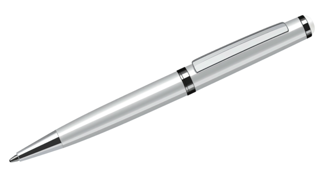 Silver ballpoint pen lies diagonally on a black background