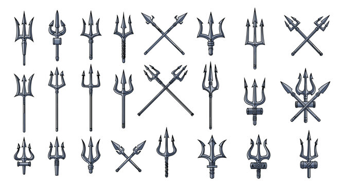Vector illustrations of various stylized tridents, symbols of sea gods and power, alongside crossed spear designs, suitable for mythology and fantasy concepts.