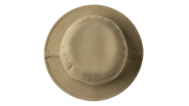 Plain fabric headwear with a circular brim is displayed against a stark black background.