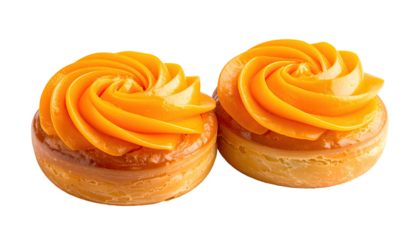 Two pastries topped with bright orange swirl frosting sitting closely