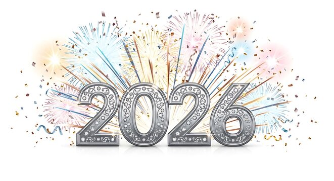 A modern, futuristic representation of the year 2026, featuring bold typography with gold and silver accents. Fireworks and confetti surround the numbers