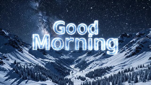 A winter mountain landscape with a snowy valley and a glowing "Good Morning" message