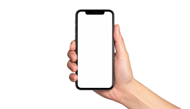 Hand holding phone with a blank, white display