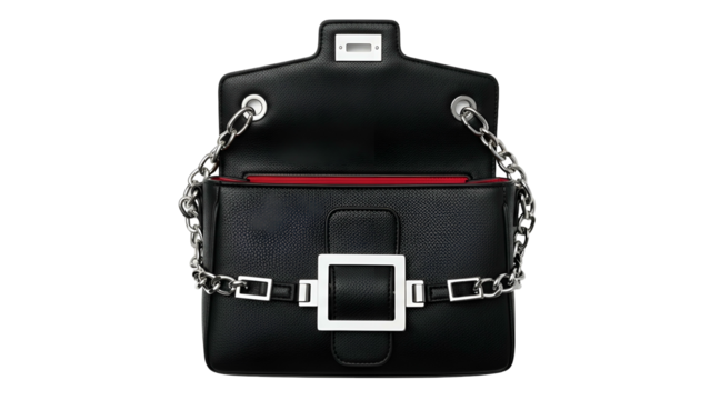 Luxury black shoulder bag with silver hardware shown open against a dark background