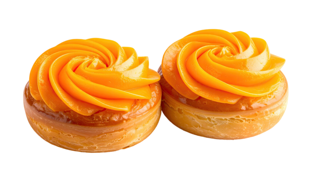 Two pastries topped with bright orange swirl frosting sitting closely