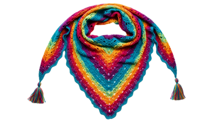 Brightly colored handmade yarn accessory drapes dramatically against a dark background