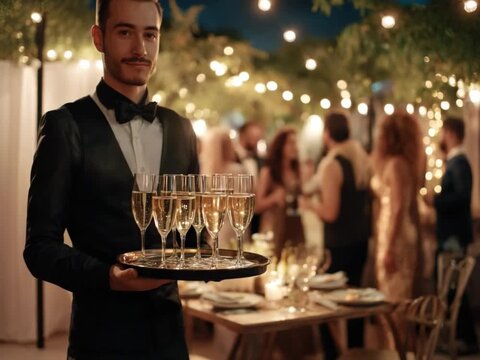 Elegant Service: A formally dressed waiter presents a tray of sparkling champagne glasses, serving guests at a stylish evening event. A scene of sophisticated hospitality.
