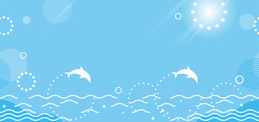 Vector Seamless Blue Ocean Background Illustration With Jumping Dolphins. Horizontally Repeatable. 