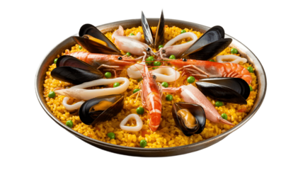 A delicious seafood paella with vibrant ingredients.