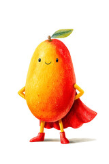 Watercolor illustration of cute mango fruit superhero with red cape and boots. Happy tropical fruit character with smile and yellow arms for children's book illustration and playful kids' character 