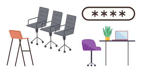 Office furniture including chairs, desk, and laptop, paired with a password input symbol. Ideal for workplace, security, organization, technology productivity design innovation. Simple flat