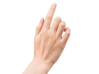 female hand with pointing finger on isolated white background