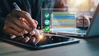 Businessman using a stylus pen on a digital tablet to approve an online document with a checklist and green checkmarks.