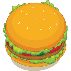 Isometric Pixel Art Hamburger Icon With Fresh Lettuce Tomato And Beef Patty On A Transparent Background