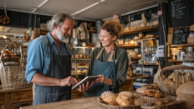 Bakers Discussing Order: Inside a cozy bakery, a baker and a baker discuss orders using a digital tablet, surrounded by fresh baked goods.