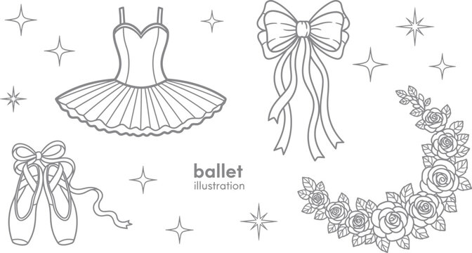 Ballet dance vector illustration set with tutu shoes and rose wreath