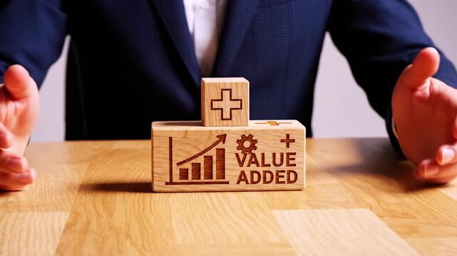 A person in a suit arranges wooden blocks with 'value added' and graphic icons