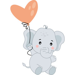 Adorable Baby Elephant Holding a Peach Heart Balloon in Soft Pastel Tones Against a Transparent Background