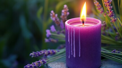 Relaxing aromatherapy with a vibrant purple candle and lavender blossoms creating a calming ambiance perfect for self-care and wellness promotions