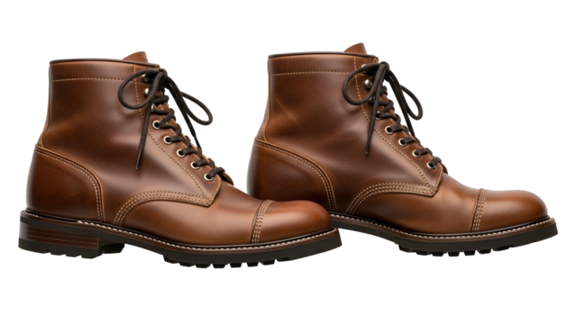 Two well-crafted brown leather lace-up boots displayed against a solid black background