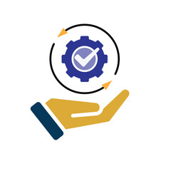 Automation icon. AI. Gear with a check mark and two circular arrows in hand. automatic, manager, web. Flat design style.