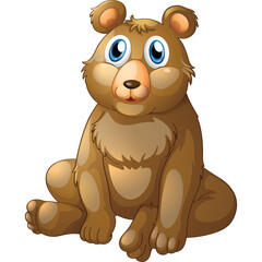 Adorable Cartoon Bear Sitting Down with Big Blue Eyes and Brown Fur on a Transparent Background