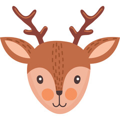 Adorable Cartoon Deer Face with Antlers and Rosy Cheeks on a Transparent Background