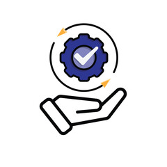 Automation icon. AI. Gear with a check mark and two circular arrows in hand. automatic, manager, web. Mixed design style.