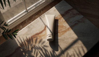Elegant skincare cosmetic tube on marble countertop near window with natural light and palm leaf shadow, ideal for beauty product advertising, self-care, and wellness concepts.