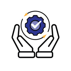 Automation icon. AI. Gear with a check mark and two circular arrows in two hand. automatic, manager, web. Mixed design style.