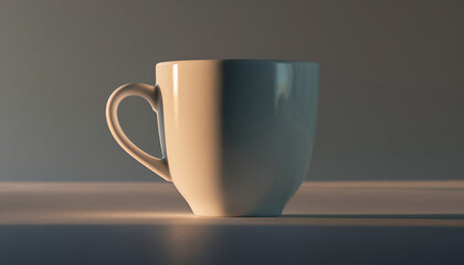 Minimalist white coffee cup illuminated by morning sunlight and soft shadow, perfect for mockups, branding, caf&eacute; menu design, breakfast lifestyle, and relaxation concepts.