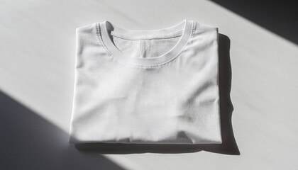 Clean minimalist photo of a folded white cotton t-shirt under natural daylight with geometric shadow, ideal for apparel mockups, fashion branding, and online store display.