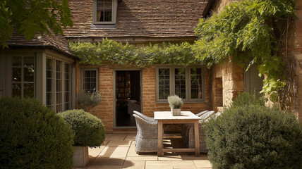 Cotswolds stone country house patio with garden furniture, green climbing plants, and warm light