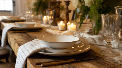 Rustic elegant dining table setting for a special event, creating a cozy and warm atmosphere with candlelight and fresh decor