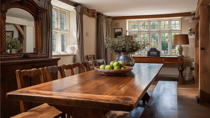 Rustic country farmhouse dining room interior with long wooden table, green apples, and windows looking outside