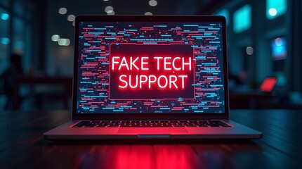 A laptop displaying a bright neon sign reading 'FAKE TECH SUPPORT' against a dark tech background, highlighting cybersecurity issues.