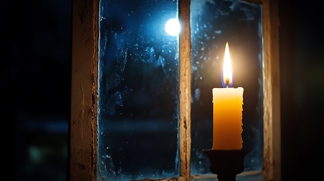 Atmospheric candlelight glows warmly by a frost covered window on a cold night creating a mood of peace, hope, and reflection during winter holidays